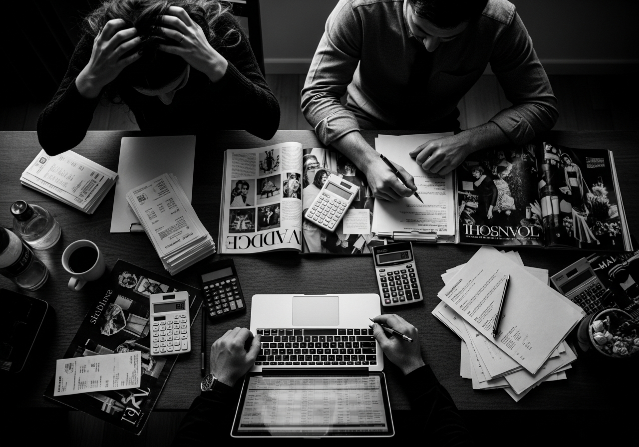 Stressed couple planning wedding